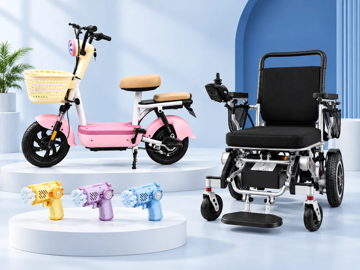 Pastel toys, a pink electric scooter and a black electric wheelchair in a blue showroom