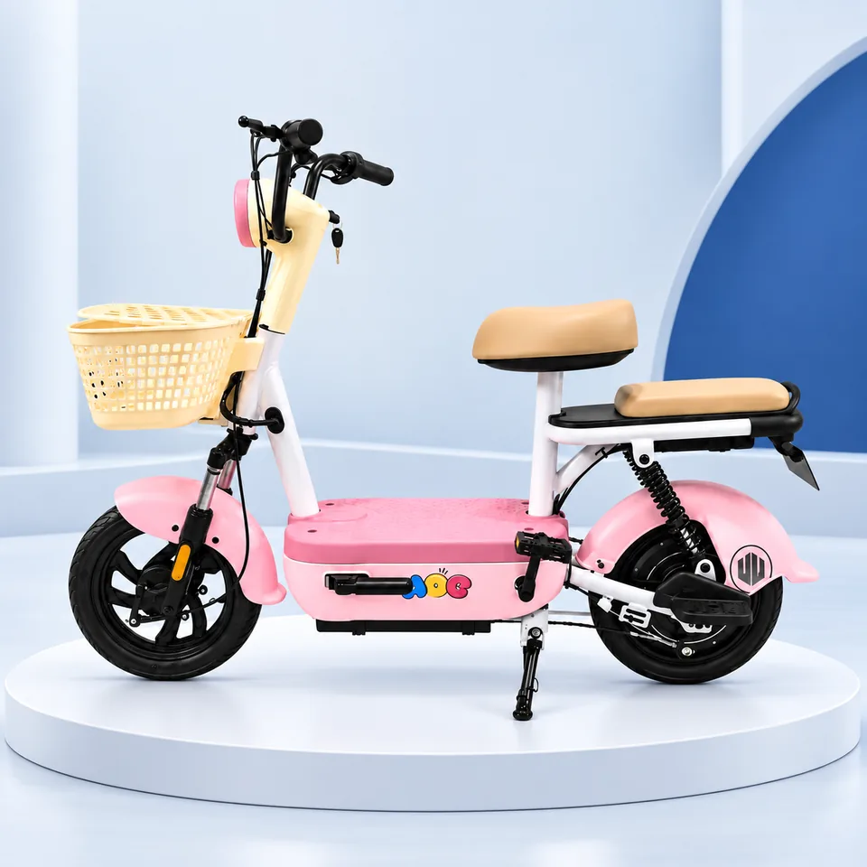 Pink seated electric scooter on a studio display